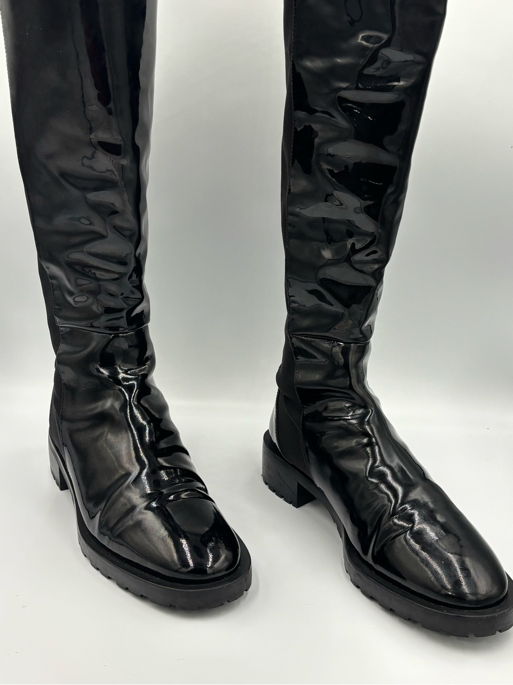 Stuart Weitzman 5050 Knee High Lug Sole Boots Black Stretch Back Size 8B